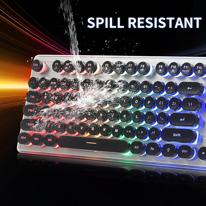 Typewriter Style Keyboard with Metal Panel, Rainbow LED Backlit, Round Keys, Anti-ghosting, Spill Resistant, Light Up USB Wired Retro 104 Keys for Office,Gaming, Black/Silver