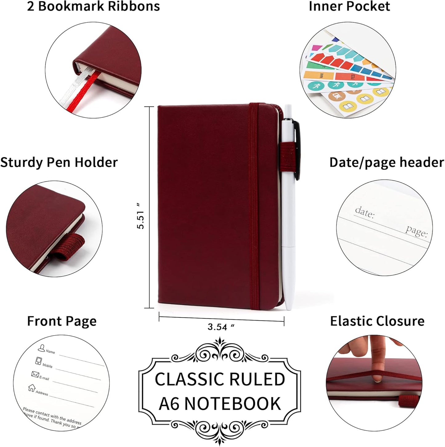 feela 6 Pack Pocket Mini Notebooks Bulk, Small Cute Memo Notepads Hardcover College Ruled Lined Journals with Pen Holder for School Business Work, with 6 Black Pens, 3.5”x 5.5”, A6, Wine