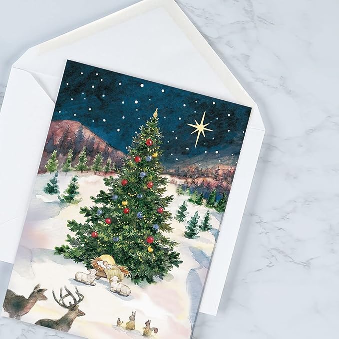 Current Christmas Tree and Manger Christmas Cards with Envelopes - Set of 18 Large 5 x 7-Inch Folded Cards, Religious Holiday Greeting Card Value Pack