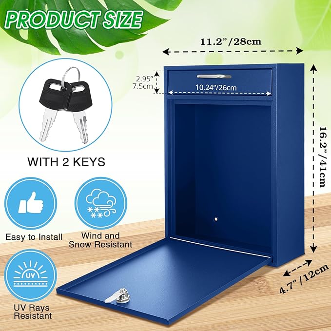 Locking Mailbox with Key for Outdoor 16.2 x 11.2 x 4.7 Inches Large Wall Mount Mail Box with Lock Security Mail Drop Metal Collection Boxes Hanging Secure Postbox(Dark Blue)