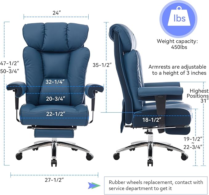 Efomao Ergonomic Office Chair 450LBS with Foot Rest, High Back PU Leather Big and Tall Executive Chair with Adjustable Padded Armrests, Lumbar Support for Home or Work, Heavy Duty Computer Chair, Blue