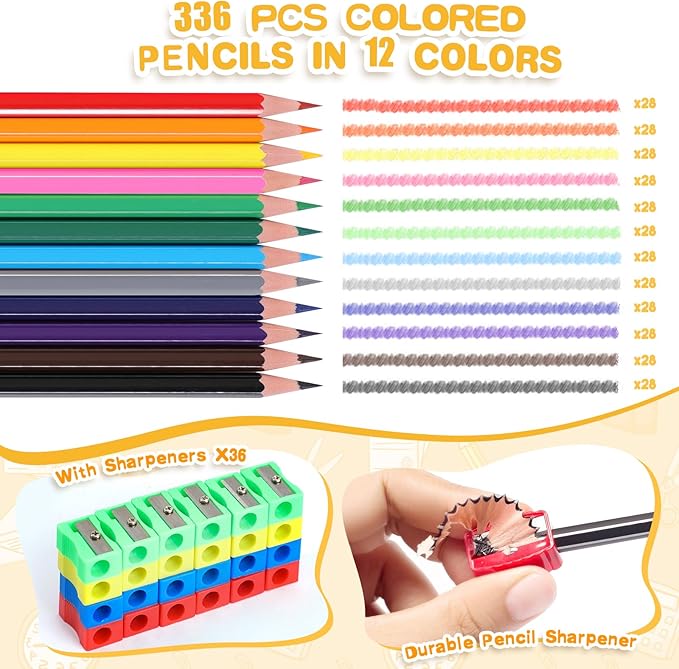 336 Packs Colored Pencils Bulk Classroom, Colored Pencils for Kids 12 Assorted Colors, Coloring Pencil Set Plus 36 Sharpeners, Pre-sharpened Color Pencils, Back to School Supplies Bulk for Teachers