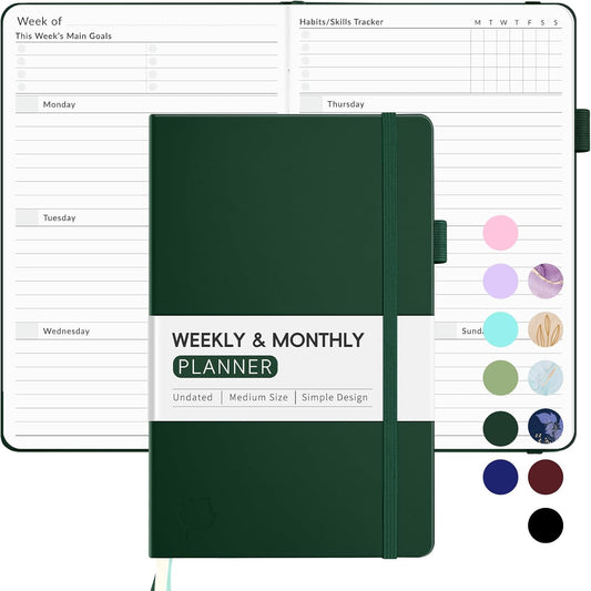 Undated Weekly Planner for 2025, Forvencer Simplified Weekly & Monthly Calendar Planner, Cute Daily Organizer Notebook, Agenda Journal to Track Goals & Tasks, Start Anytime, A5 Size, Dark Green