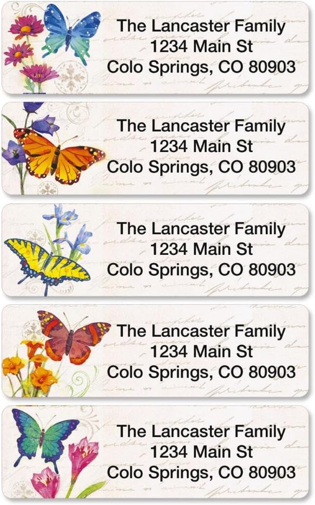 Butterflies & Flowers Rolled Personalized Return Address Mailing Labels with Dispenser, Set of 500, 5 Designs, Small ¾ x 2½ Inch Size, Custom Self-Adhesive Sticker Roll, by Colorful Images