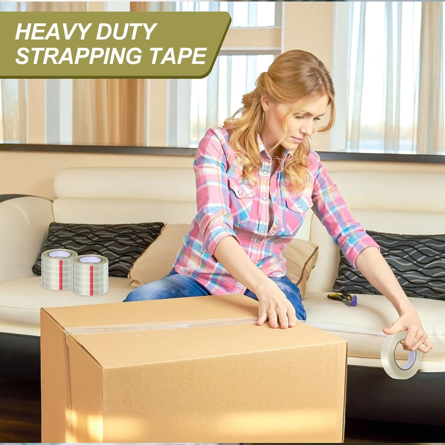 Treela 30 Rolls Filament Strapping Tape 5.5 Mil Transparent Reinforced Fiberglass Heavy Duty Packing Shipping Tape for Sealing Binding Fixing (1 Inch X 60 Yards)