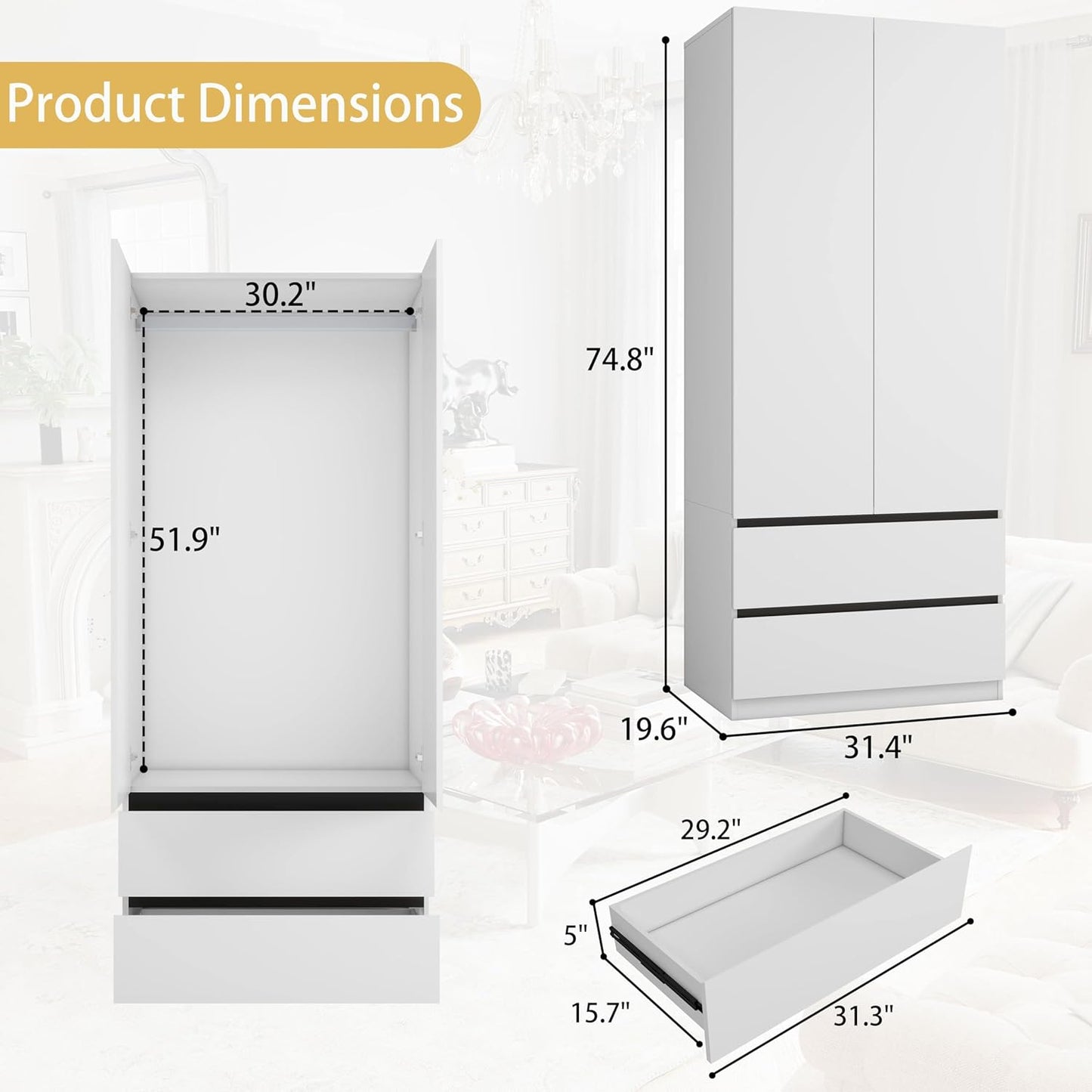 White Wardrobe Closet with Doors: 75" Large Capacity Bedroom Armoire, Wooden Cabinet with 2 Drawers, Hanging Storage Shelves with Hanging Rod (Contemporary, 1)