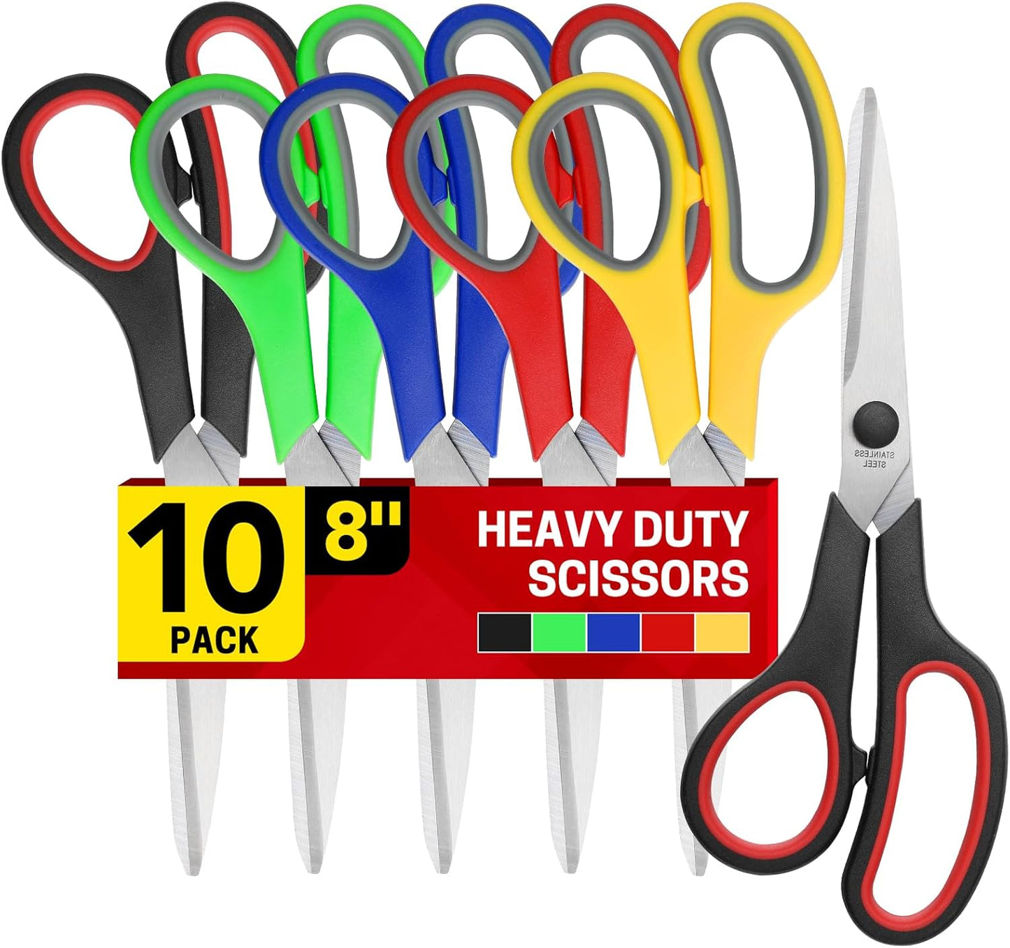 8" 10 Pack All Purpose Heavy Duty Scissors- Comfort-Grip Sharp Scissors for Office School Sewing Fabric Craft High/Middle School Student Teacher Scissor, Right/Left Hand