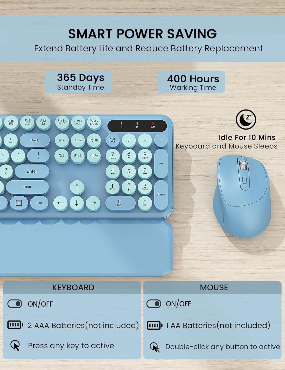 Wireless Keyboard and Mouse Combo - Cute Typewriter Keyboard with Detachable Wrist Rest, Retro Round Keycaps, Foldable Legs, 2.4GHz Full-Size for PC, Laptop, Windows - Trueque (Glacier Blue)