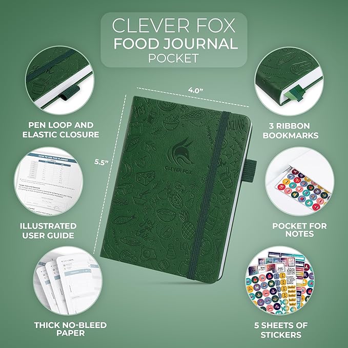 Clever Fox Food Journal Pocket - Daily Food Diary, Meal Planner to Track Calories & Nutrients, Weight Loss Tracker Notebook, 4x5.5” (Forest Green)