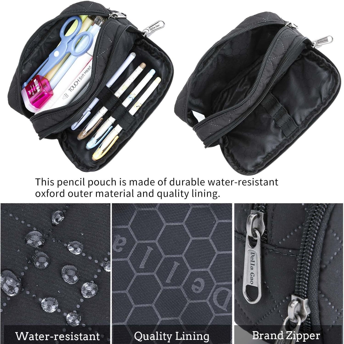 Della Gao Pencil Case Large Capacity Pencil Pouch Soft Quilted Pen Bag Office Stationery Organizer Sturdy Pencil Bag for Men Women - Black