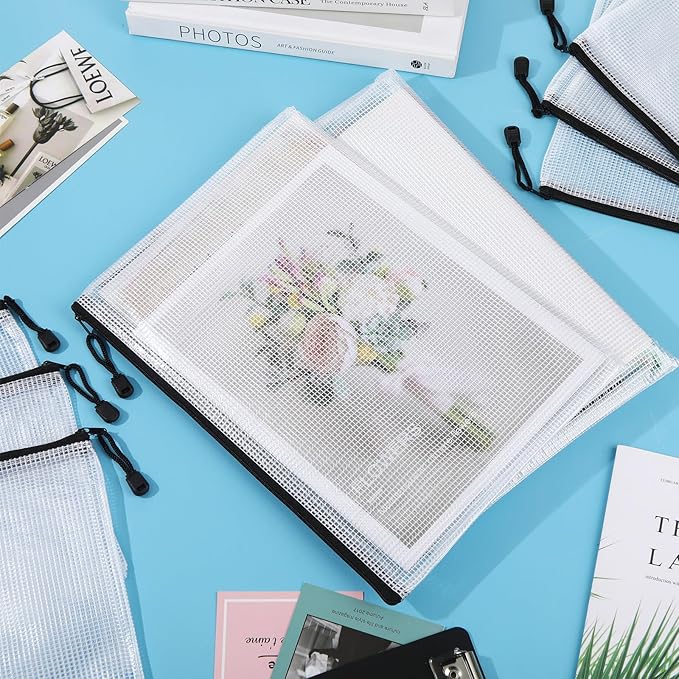 200 Pcs A4 Mesh Zipper Pouch Bulk Waterproof Mesh Zipper Organizer Plastic File Folder Case for School Office Supplies Document Board Games Puzzle(Black)