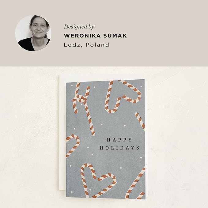 Minted Sweet December Holiday Cards, 8 Cards with Envelope Folded 5x7 Christmas Card with Candy Cane Pattern and Snowy Blue Background, Modern Minimalist Design, Luxurious Paper, Blank Inside