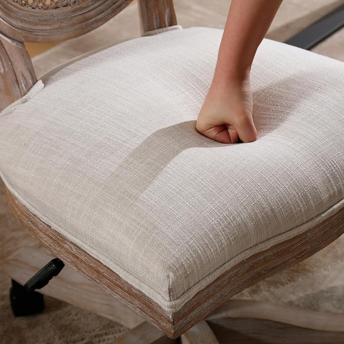 LukeAlon Rattan Back Linen Office Chair, Adjustable Height Swivel Task Chair with Wood Frame Armless Desk Chair with Wheels Upholstered Round Back Vanity Chair for Home Office Study Room, Beige