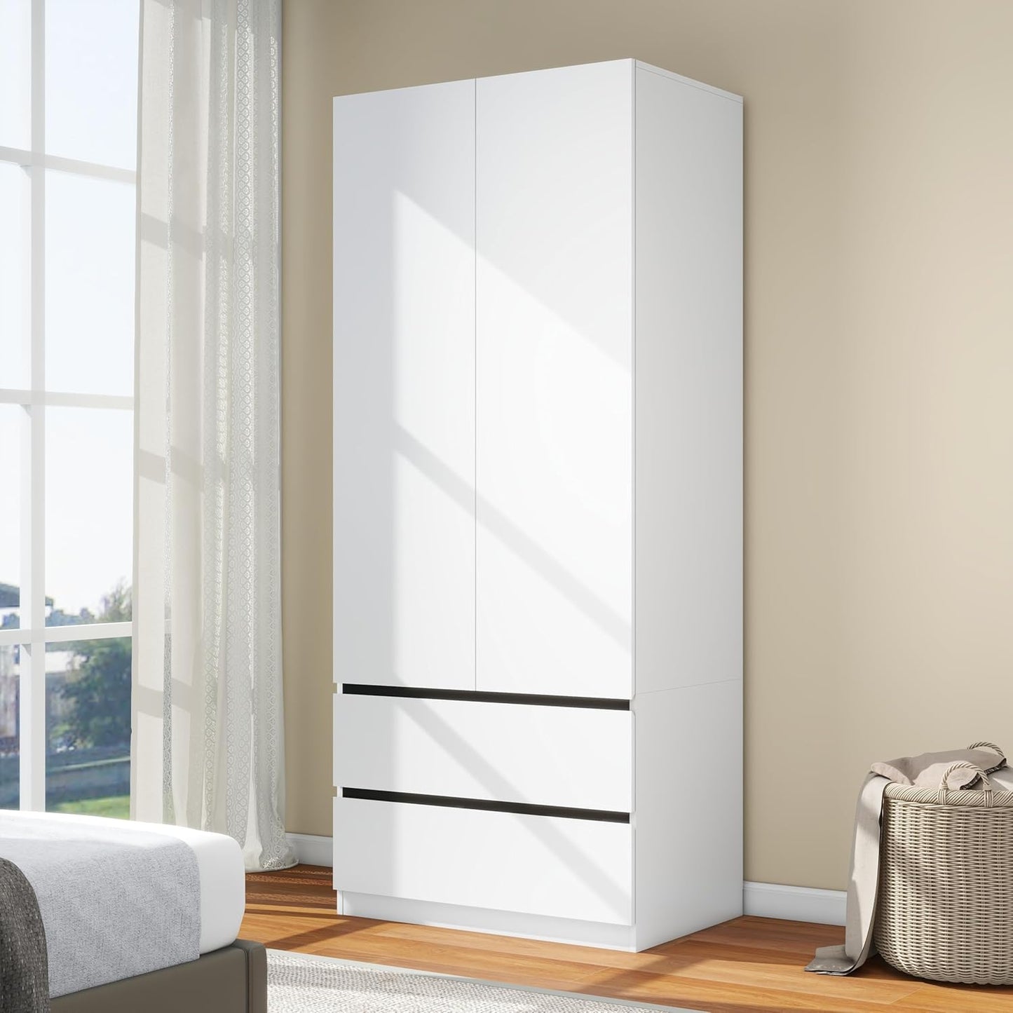 White Wardrobe Closet with Doors: 75" Large Capacity Bedroom Armoire, Wooden Cabinet with 2 Drawers, Hanging Storage Shelves with Hanging Rod (Contemporary, 1)
