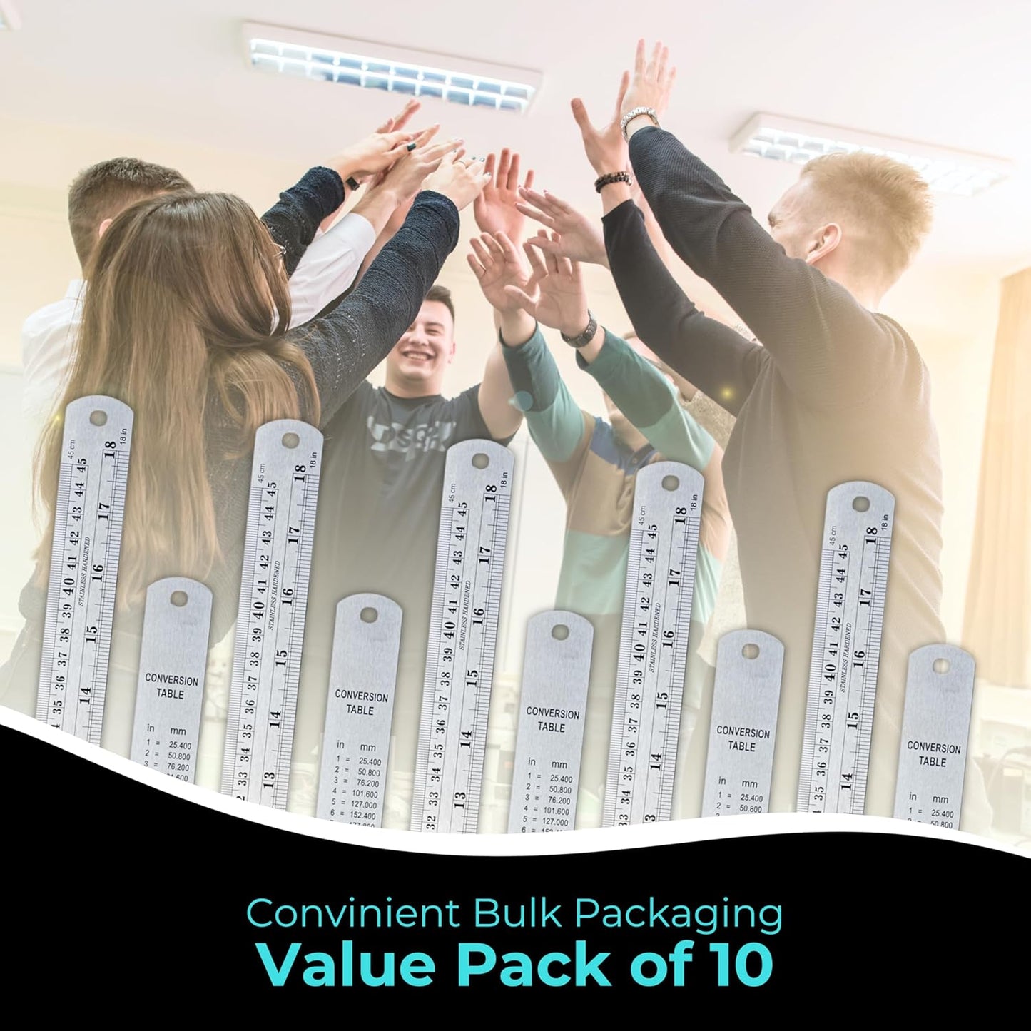 NOKKO Metal Ruler 18 Inch - Pack of 10 - Stainless Steel Ruler Set with Straight Edge Rulers - Precise Metric & Imperial Measurements - Ideal for School, Office, Woodworking & Craft Projects
