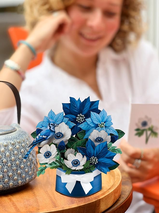 Freshcut Paper Pop Up Cards, Mini Blue Poinsettia, 6 Inch Mini Sized Forever Flower Bouquet 3D Popup Greeting Cards, Christmas Card, Holiday Card, Blank Notecard & Envelope