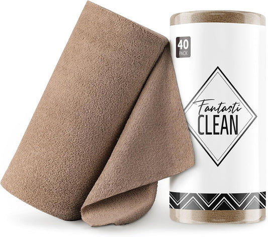 Fantasticlean Microfiber Cleaning Cloth Roll -40 Pack, Tear Away Microfiber Towels, 12" x 12", Reusable, Washable, Scratch Free, Ultra Absorbent Dish Rags for Car, Home, Garage or Shop (TAN)