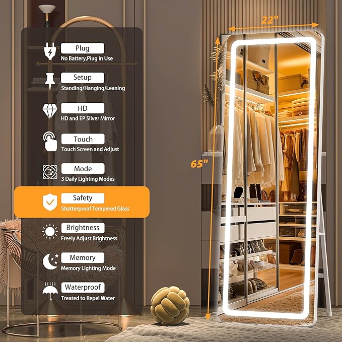 Hasipu Full Length Mirror with Lights, 65" x 22" LED Floor Mirror, Full Body Dressing Standing, Hanging Mounted Mirror for Living Room Bedroom Cloakroom, Round White