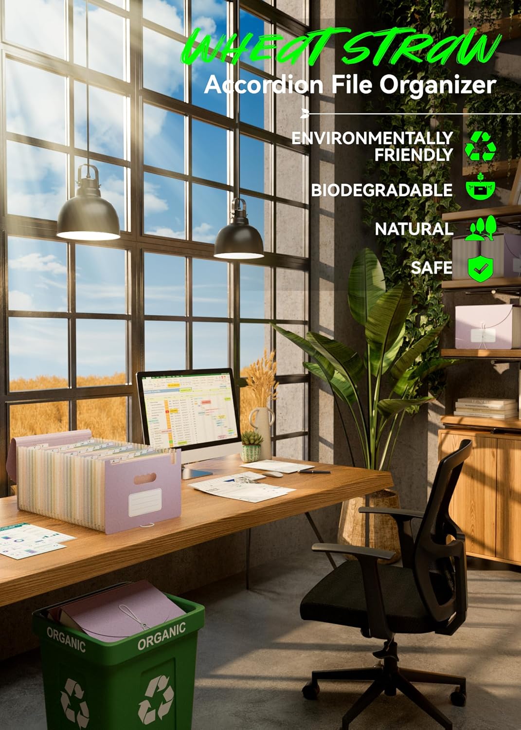 Accordion File Organizer, 26 Pockets Wheat Straw Expanding File Folder, Monthly Bill Receipt Organizer, A-Z Tabs, 100% BPA Free, Return to Nature, Healthy Living-Lavender Purple