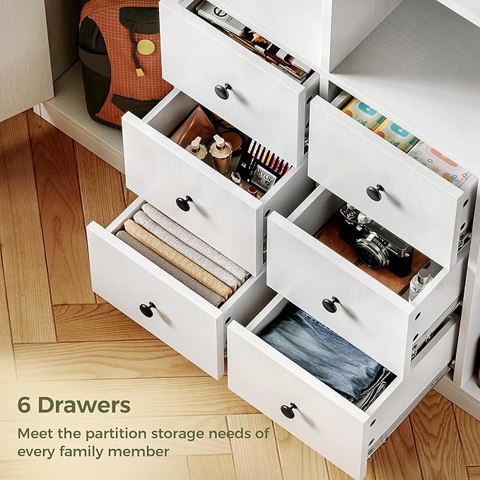 IRONCK 78.7" Bookcase with 6 Drawers, 6 Tier Large Bookshelf with 2 Doors, Large Bookcase with Adjustable Shelves, Tall Storage Cabinet for Home Office, Living Room, White