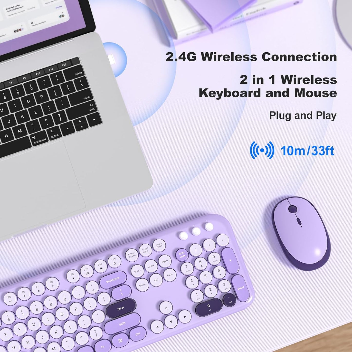 Wireless Keyboard and Mouse Combo, MOWUX Full Size Typewriter Retro Round Computer Keyboard, Cute Optical Mouse Wireless, Plug and Play, for Laptop, PC, Computer- Violet Field