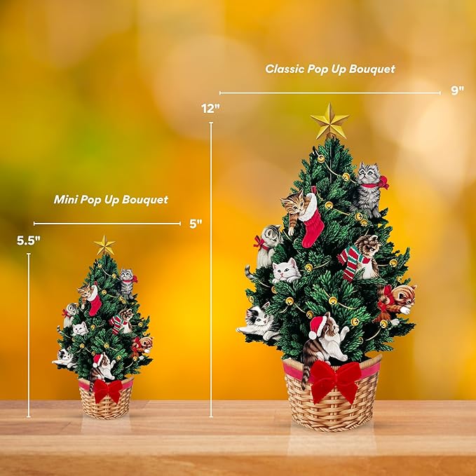 Freshcut Paper Pop Up Cards, Mini Meowy Christmas, 6 Inch Mini Sized Forever Flower Bouquet 3D Popup Greeting Cards, Christmas Card, Holiday Card, Blank Notecard & Envelope