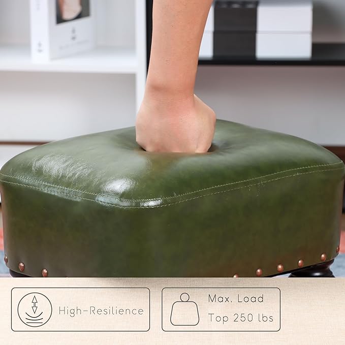 Ottoman Leather Foot Rest with Thicker Foam Padded Seat, Footstool with Wooden Legs (Green)