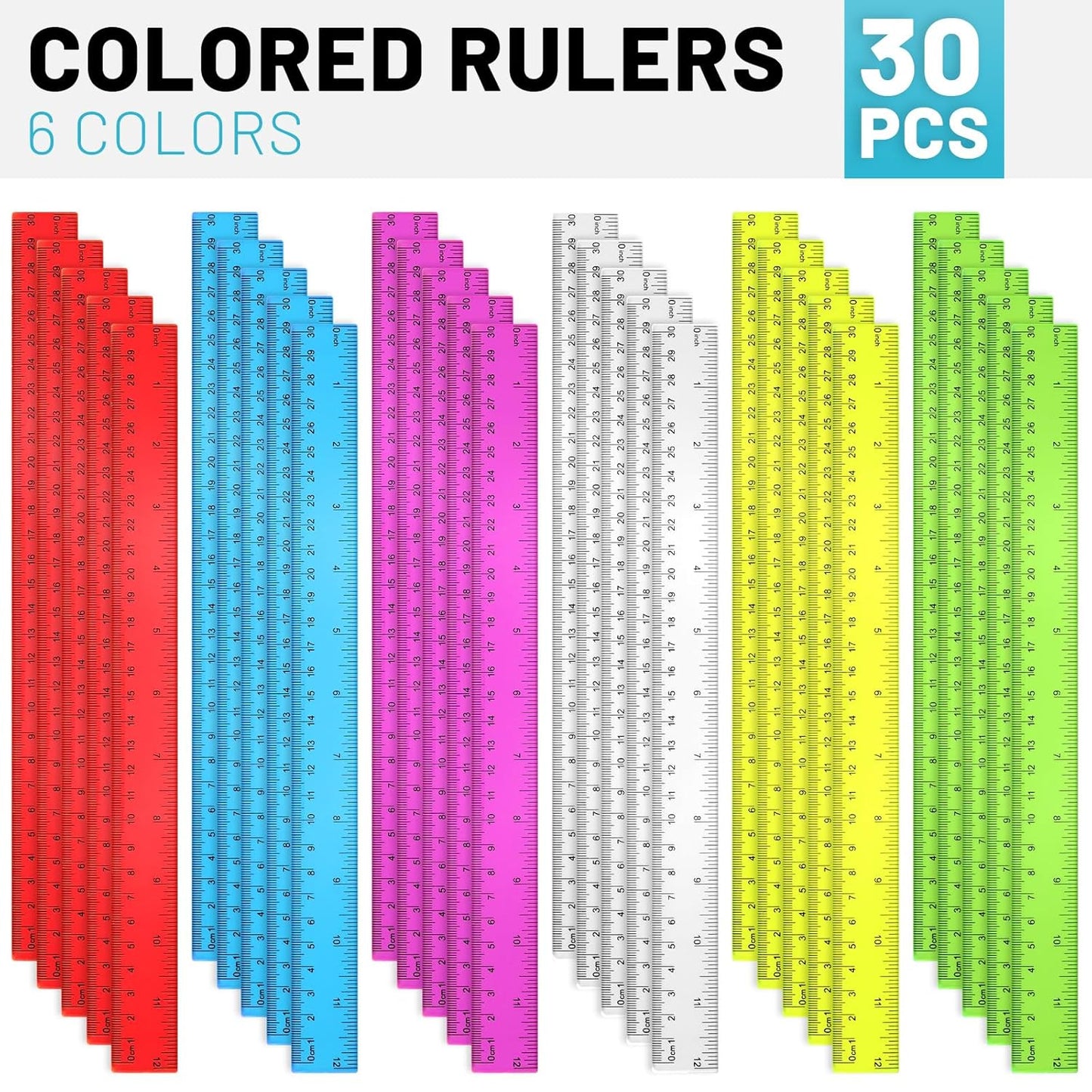 30 Pack Clear Ruler Plastic Rulers 12 Inch Transparent Assorted Color Kids Ruler Bulk for School with Centimeters Millimeter and Inches, Measuring Tools for Student School Office Home