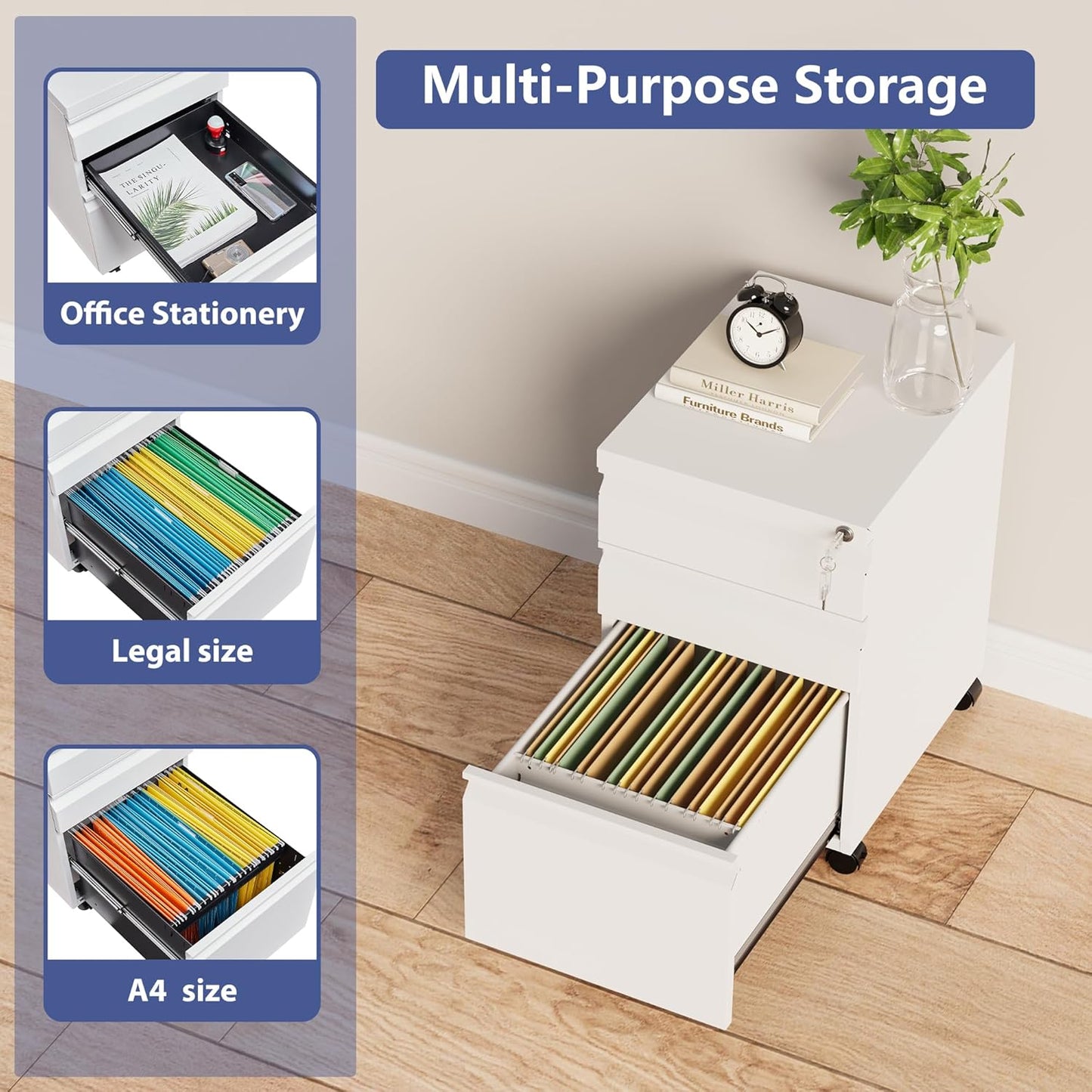 Rolling File Cabinet with Lock, 3 Drawer Metal Mobile Filing Cabinet for Legal/Letter Size, Fully Assembled Except Casters,White