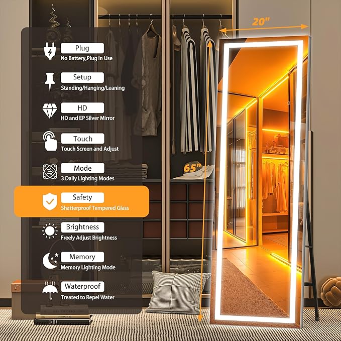 Hasipu Full Length Mirror with Lights, 65" x 20" LED Floor Mirror, Full Body Dressing Standing, Hanging Mounted Mirror for Living Room Bedroom Cloakroom, Square Black