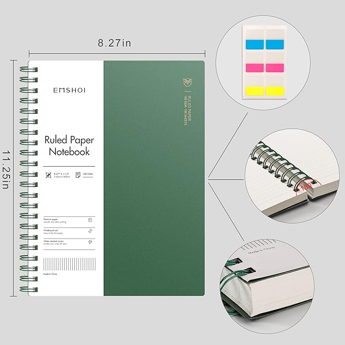 EMSHOI A4 Spiral Notebook College Ruled, 11.2" X 8.27", 150 Sheets/300 Pages, 100gsm Thick Lined Journal, Waterproof Softcover, Twin-Wire Binding, for School Work Business Writing, Gifts - Green