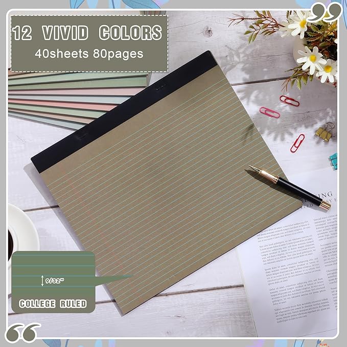 Lincia 12 Pcs 11" x 9.5" Legal Pads College Ruled Notepad Landscape Notebook Horizontal Lined Notebook 80 Gsm Assorted Colors Paper Pastel Writing Pads for School Office, 40 Sheet (Sweet Color)