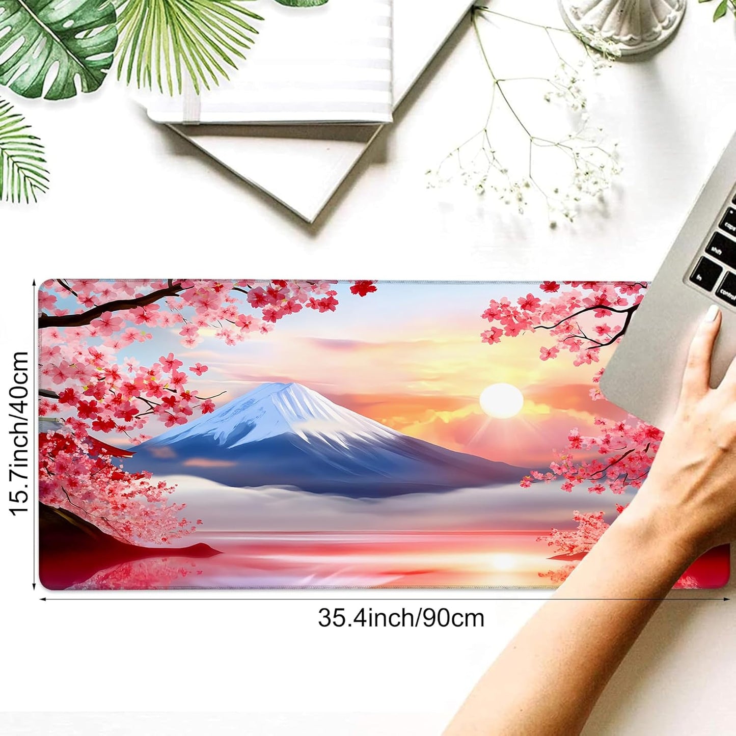 Desk Mat, Cherry Blossoms Mount Fuji Sunrise Large Gaming Mouse Pad with Non-Slip Base Stitched Edges,Desk pad for Keyboard and Mouse Home Office 35.4"x15.7"