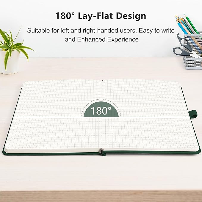 RETTACY Graph Grid Paper Notebook, 192 Pages, A5 Medium Size (5.7'' x 8.3''), 5 Squares per Inch, Leather Hardcover, 100 GSM Thick Paper, for School, Students, Math, Engineering (Dark Green)
