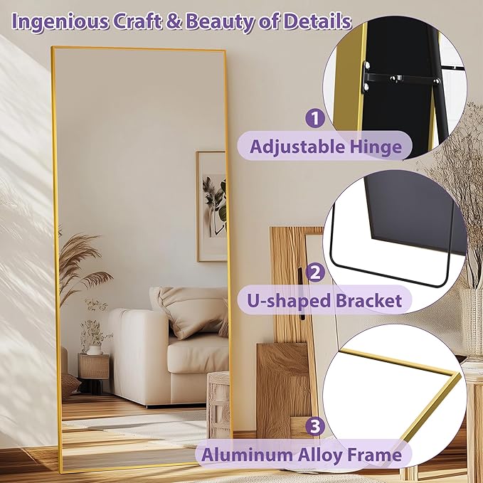 Full Length Mirror, 76"x34" Oversized Floor Mirror Freestanding, Full Body Mirror Floor Standing Mirrors with Stand, Hanging Mounted Mirrors for Bedroom Living Room, Gold, Rect Style