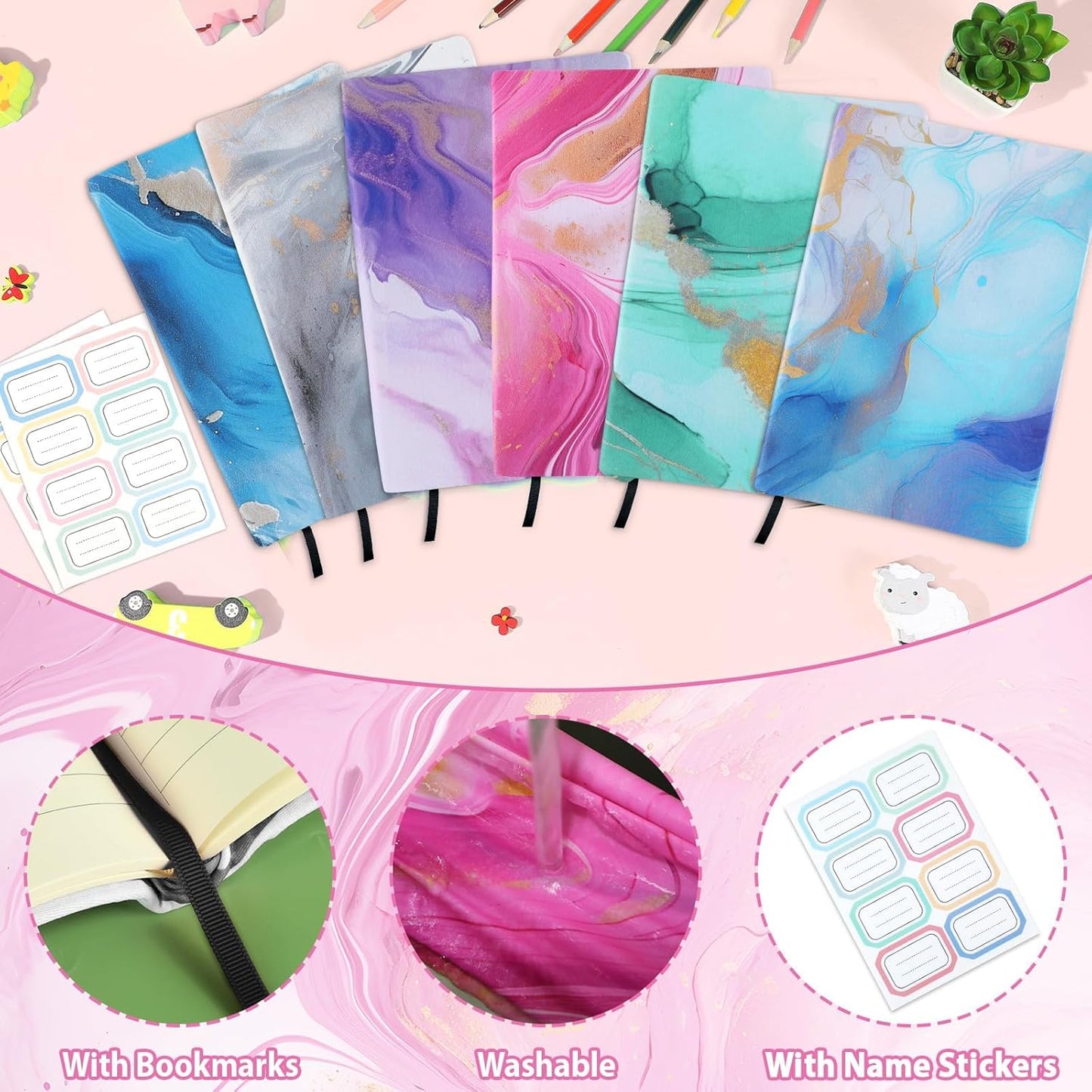 Jumbo Stretchable Book Covers 12PCS Reusable Fabric Book Cover with Label 9x11in Marble Print Protective Sleeve for Hardcover Book Textbook Cover for School Fits Most Book Sizes Up to 10x12.5in