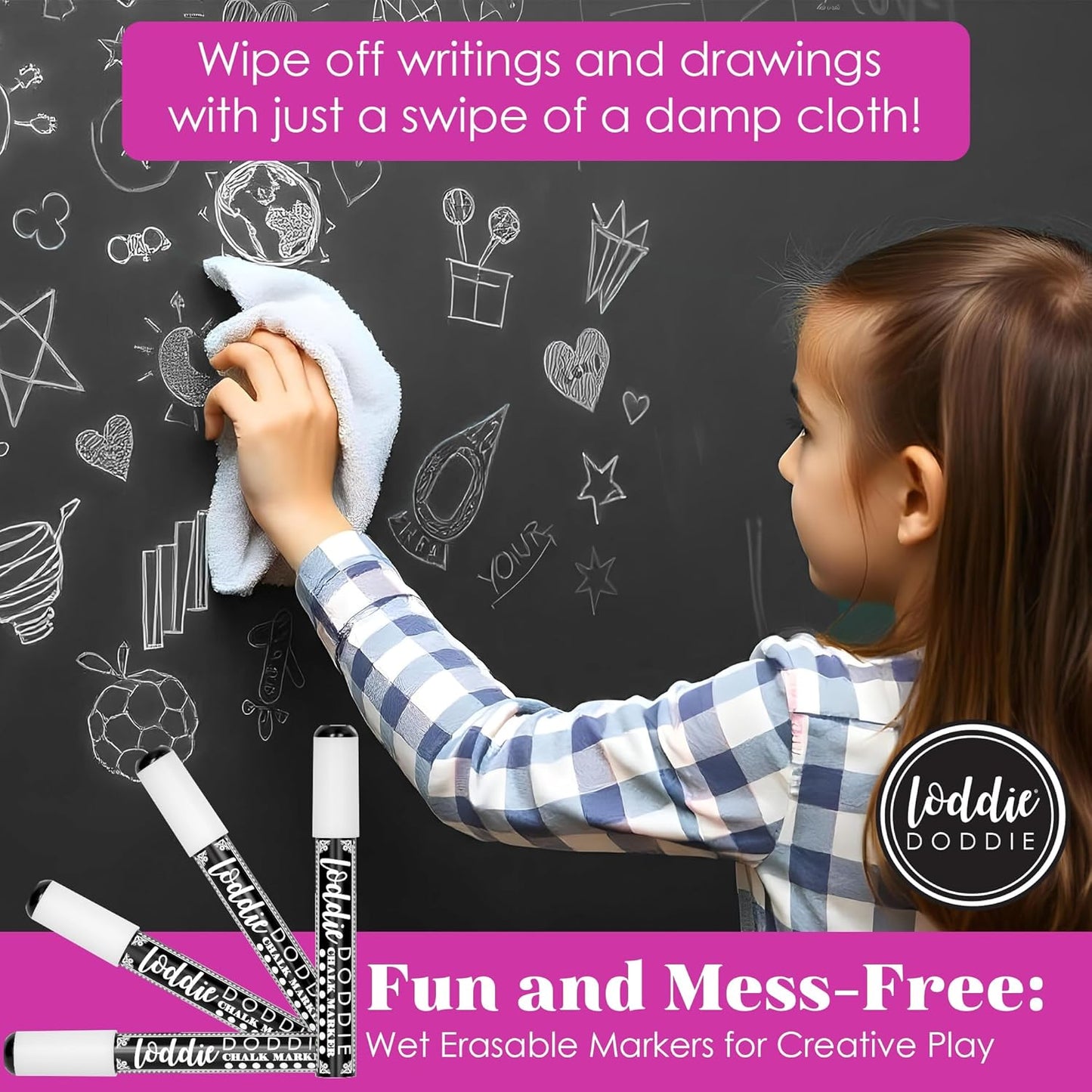 Loddie Doddie Liquid Chalk Markers - Pack of 4, 6mm White Chalk Markers for Chalkboard, Window, Glass & Bistro, Bullet & Chisel Tip - Erasable Ink Pens for Blackboard - Chalkboard Pens Erasable