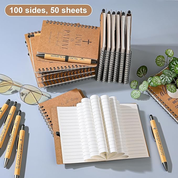 INSADA 30 Sets Bulk Christian Spiral Notebooks with Bamboo Pen Prayer Journal, Small Notepad (5.43”x4.33”) - Easter Gifts for Church Members, Bible Study Groups & Church Families