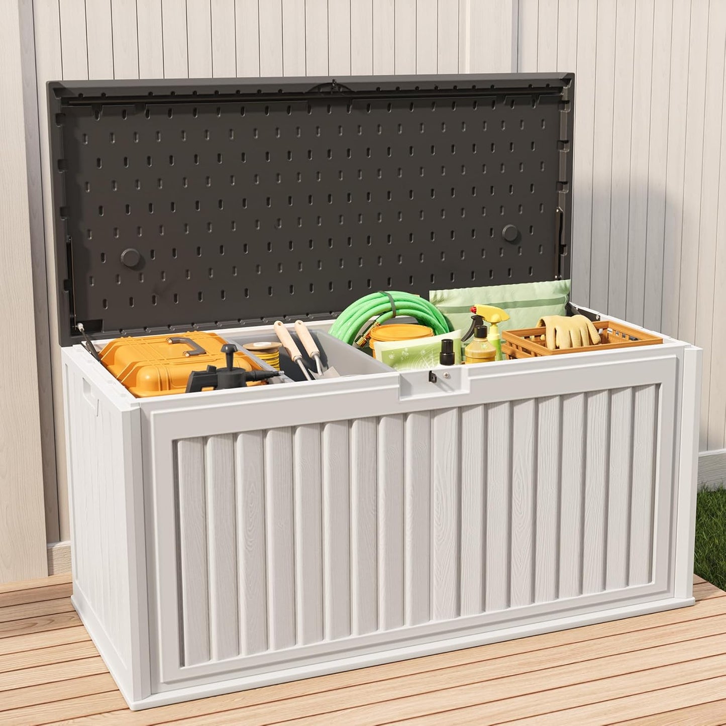 Gizoon 100 Gallon Deck Box, Resin Outdoor Storage Box with Lockable Lid, Waterproof and UV Resistant, Perfect for Storing Patio Mats, Garden Tools, Home and Outdoor Organization