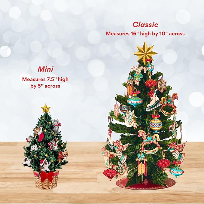 Freshcut Paper Pop Up Cards, Mini Meowy Christmas Tree (Set of 2), 6 Inch Mini Sized Forever Flower Bouquet 3D Popup Greeting Card, Christmas Cards, Holiday Card, Blank Notecard & Envelope