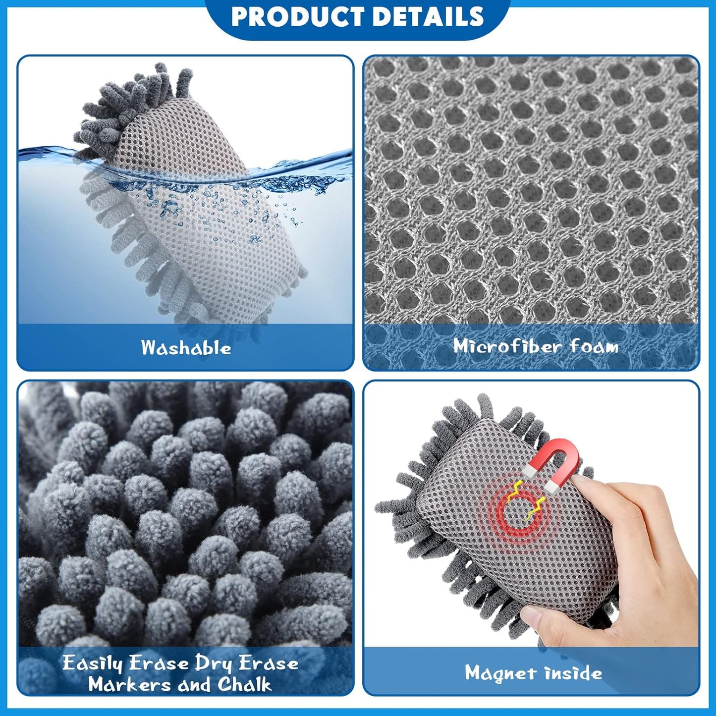 Sherr 30 Pcs Microfiber Shag Dry Erasers Bulk Magnetic Whiteboard Eraser Washable Colorful Chalk Board Eraser Markers Chalk Home School Classroom Office Supplies(Gray)