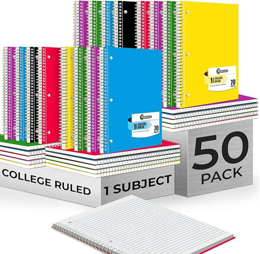 50 Pack, 1 Subject Spiral Notebook College Ruled Bulk, 140 Pages (70 Sheets), Thick No-Bleed Paper, 8 x 10-1/2", 3 Hole Punched, College Ruled Notebook 1 Subject Bulk, Subject Notebook