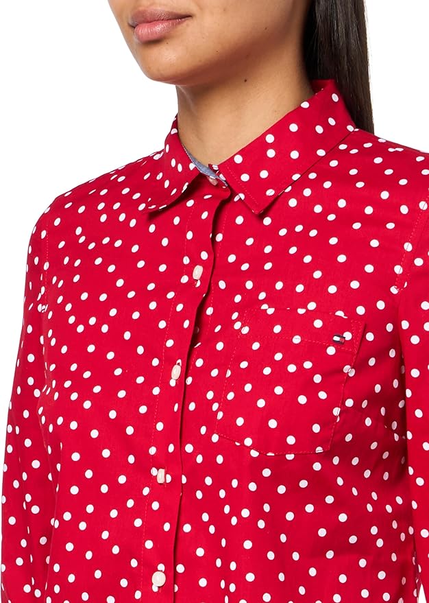 Tommy Hilfiger Women's Long Button Up Collared Shirt with Roll Tab Sleeve