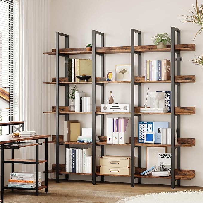 IRONCK Bookcase and Bookshelves Triple Wide 5 Tiers Large Open Shelves, Etagere Bookcases with Back Fence for Home Office Decor, Easy Assembly, Vintage Brown
