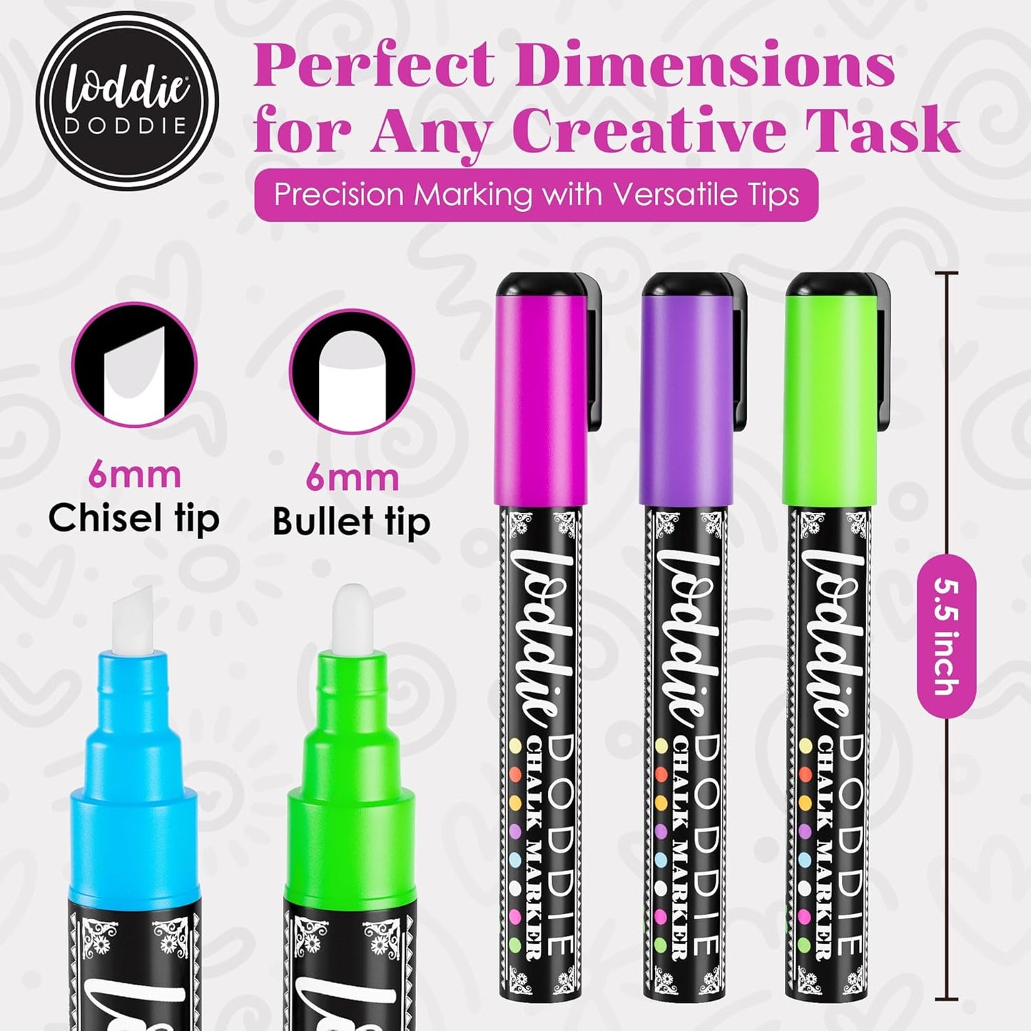 Loddie Doddie Liquid Chalk Markers (24-Pack) - Dust-Free Erasable Pens for Windows, Glass, Chalkboard & Blackboard - 6mm Reversible Bullet & Chisel Tip