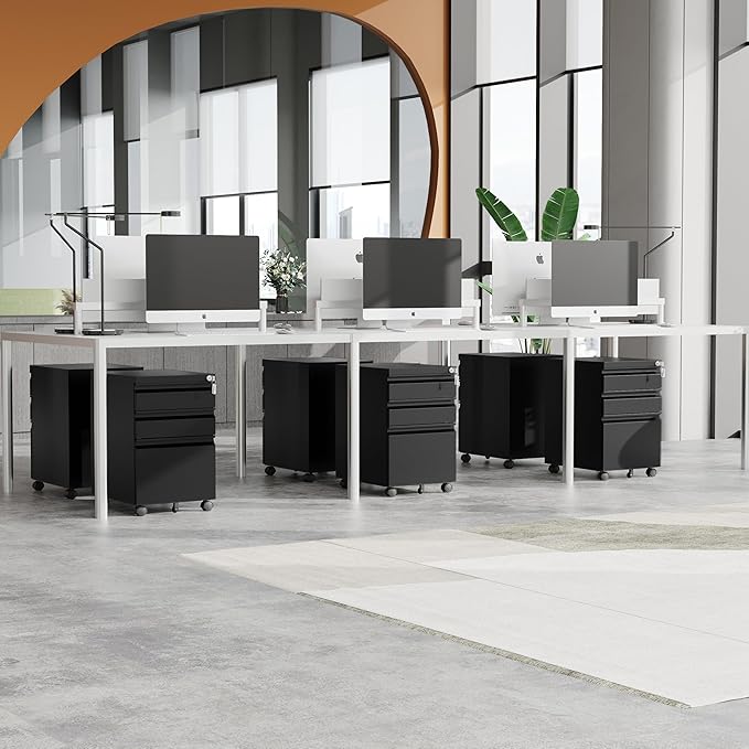 MIIIKO 3 Drawer File Cabinet on Wheels, Home Office Mobile File Cabinet Under Desk, Full Assembled Metal Filing Cabinets with Lock for Legal/Letter/A4 File Folders