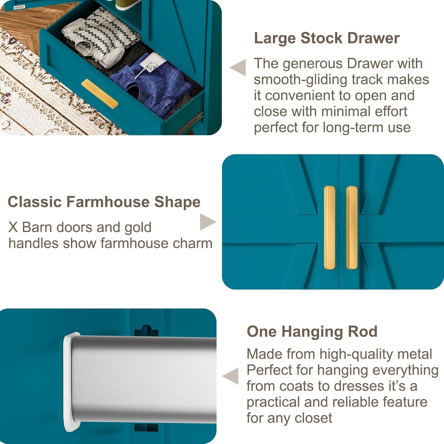 Metal Wardrobe Cabinet with Hanging Rod, 71" Armoire Wardrobe Closet with 2 Drawers,Farmhouse Metal Clothing Storage Cabinets with Door and Adjustable Shelves for Bedroom,Laundry Room(Blue)