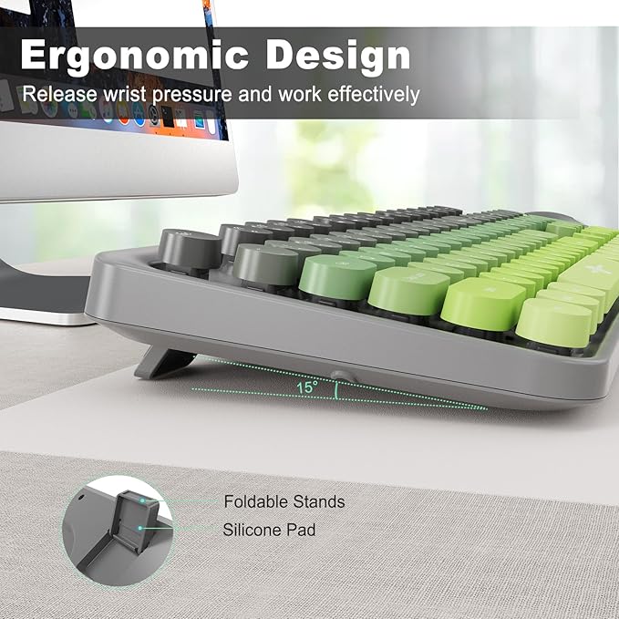 Wireless Keyboard and Mouse Combo, 2.4 GHz Wireless Full-Sized Typewriter Keyboard with Round Keycaps for Windows, Computer, Desktop, PC, Laptop (GreyGreen)