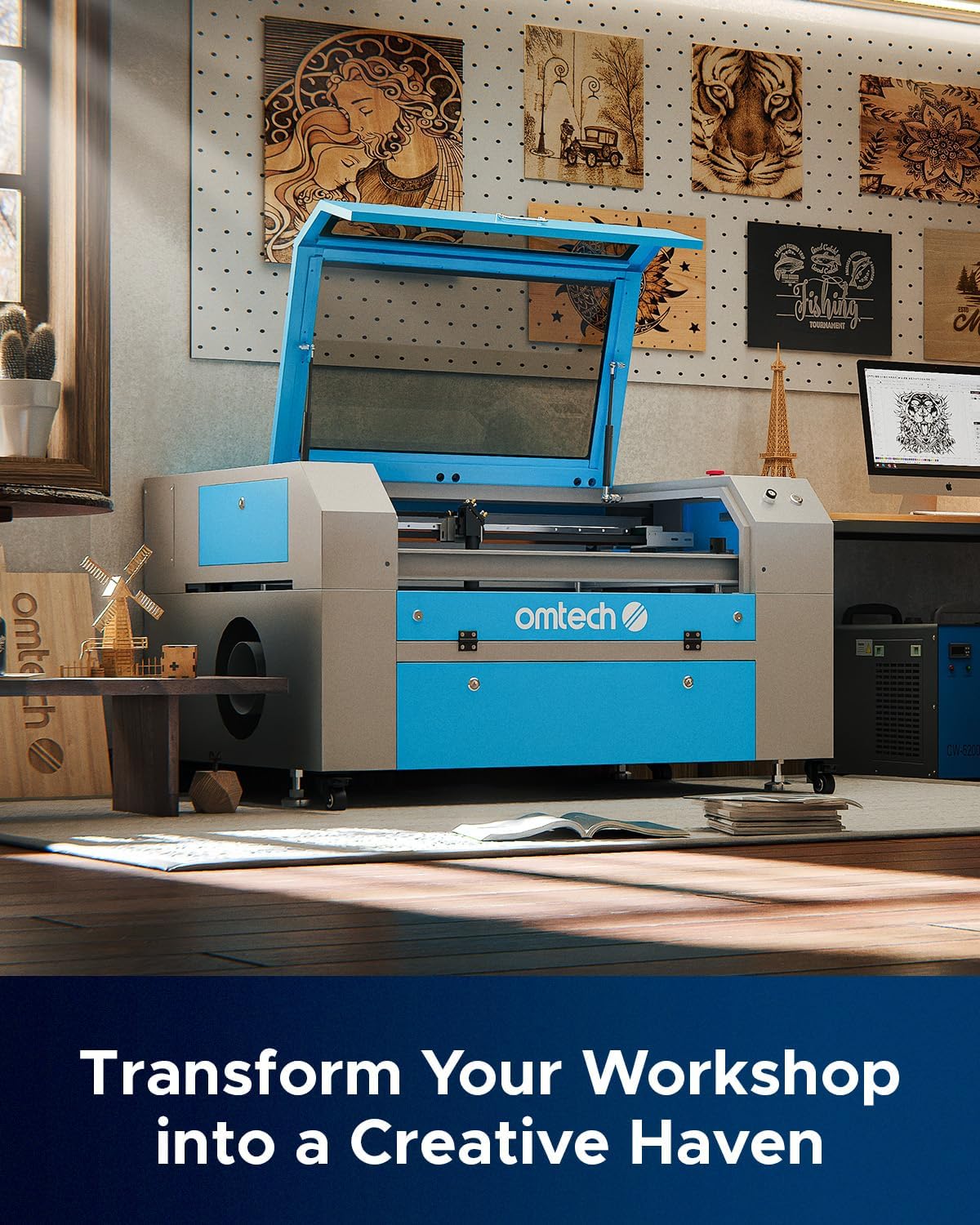 OMTech 90W CO2 Laser Engraver | 20"x28" Work Area | Air Assist & 4-Way Pass-Through | Water Pump | Cuts & Etches Wood, Glass, Acrylic | High-Power, Safe, Efficient Commercial Laser Cutter