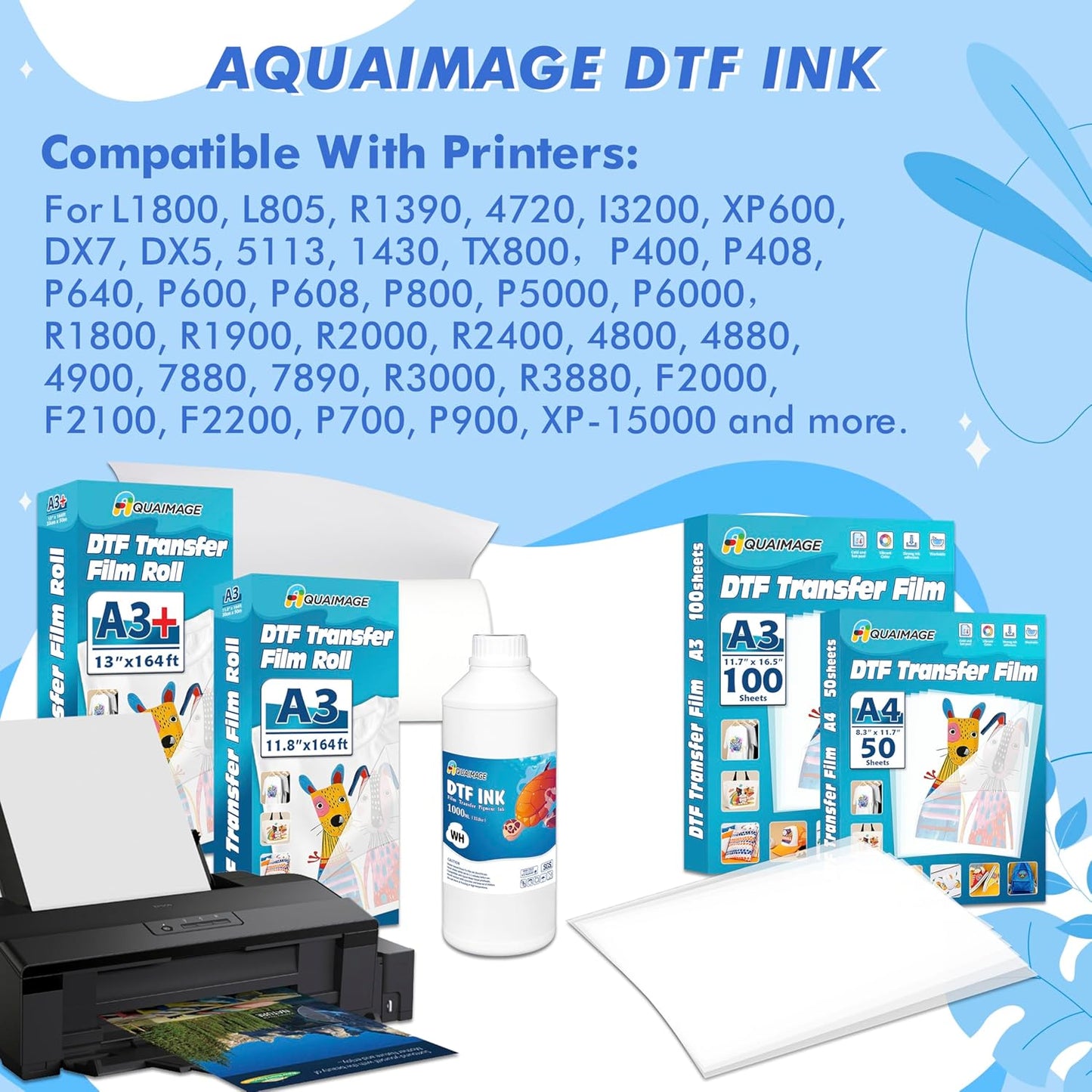 Premium DTF White Ink-DTF Transfer Ink for PET Film Refill Ink for ET-8550, XP-15000, XP600, I3200, L1800, Premium DTF White Ink Direct to Film Heat Transfer Printing(1000ml 33.8oz)